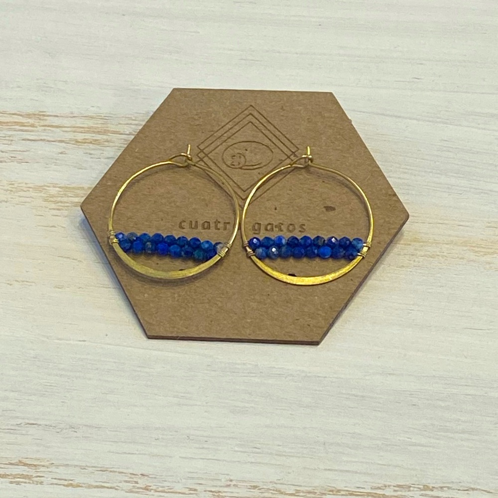 Gold Hoop Earrings with Blue Stone accent